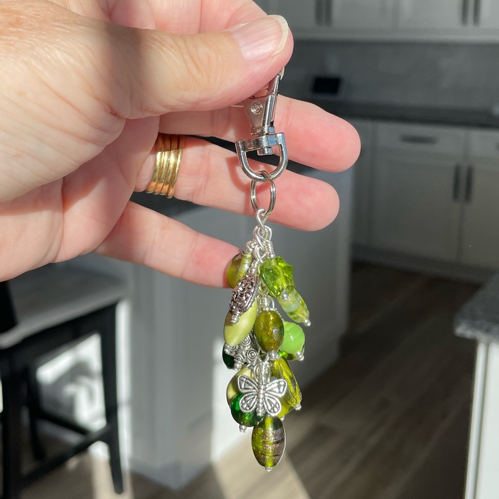 Handmade Long Green Bead Grape Hand Bag Charm Keychain Snap Hook Clip